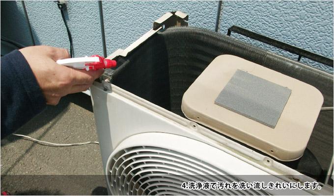 エアコン室外機クリーニング-4洗浄液で汚れを洗い流しきれいにします
